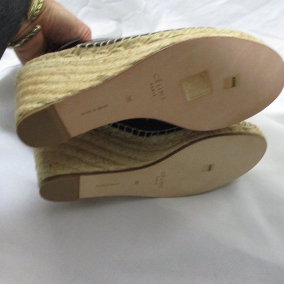 NEW CELINE PARIS High Heel Wedge Leather Moc Shoe 36 BLACK Espadrille